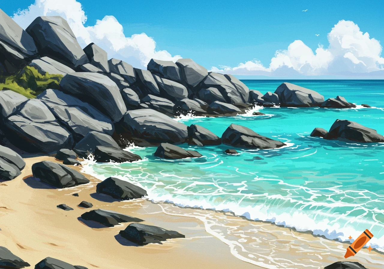 Stylized illustration of a rocky beach with turquoise water, breaking waves, and a bright blue sky.