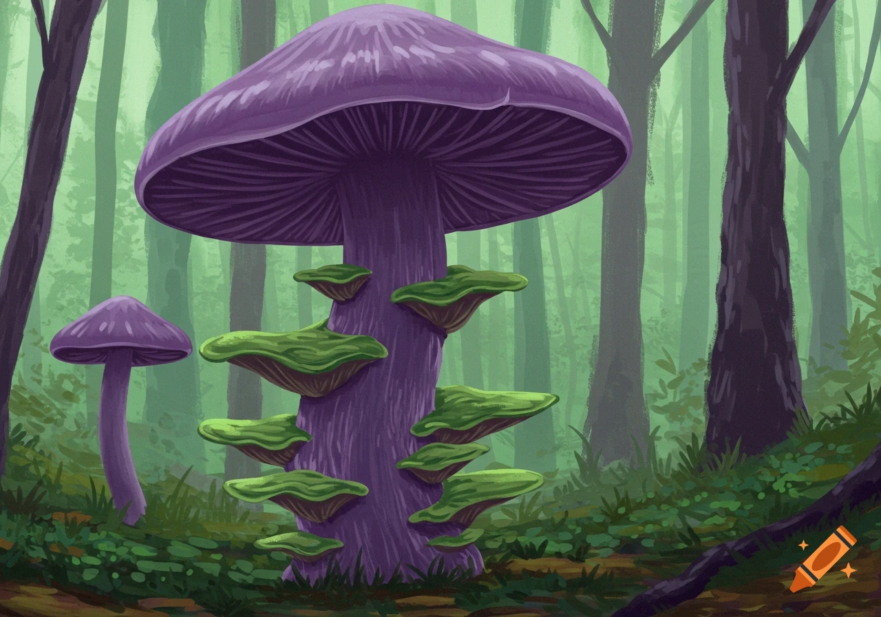 A vibrant purple mushroom with a large cap stands tall in a lush green forest, with smaller green fungi growing on its trunk.