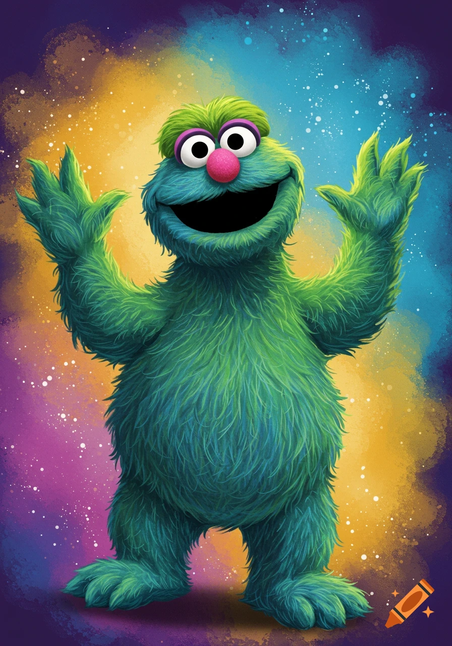 A furry, green-blue monster with a big smile and large eyes, raising its hands against a vibrant, splattered background.