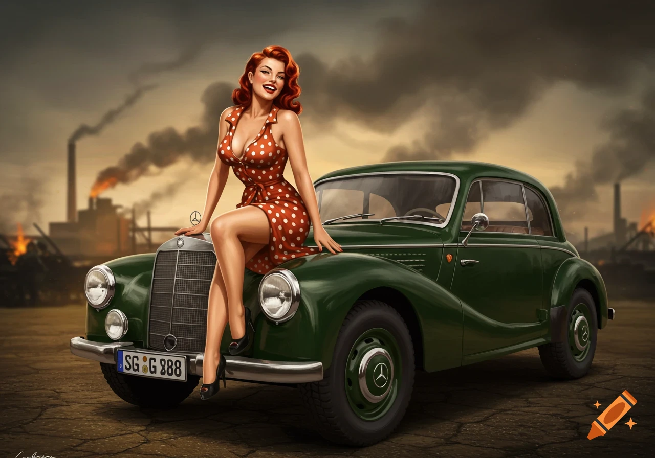 A smiling pin-up model with red hair and a red polka dot dress sits on the hood of a green vintage Mercedes-Benz car in an industrial setting.