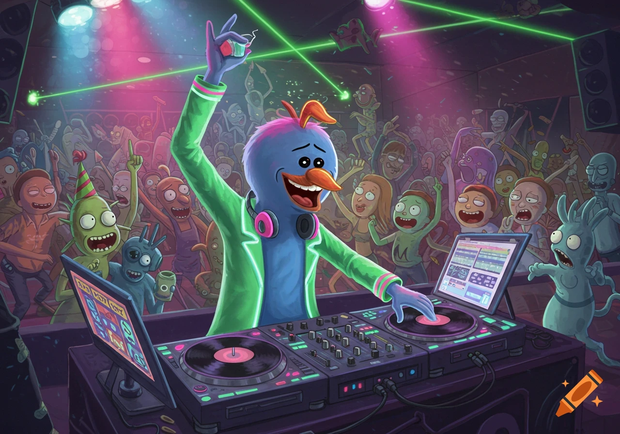 A bird-like character DJs a lively club party surrounded by dancing Rick and Morty characters and aliens under colorful lights.