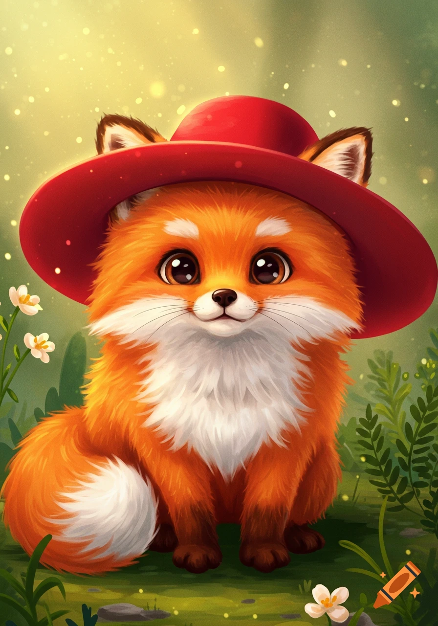 A charming cartoon fox with big eyes wearing a red hat, sitting in a lush green forest with small white flowers.