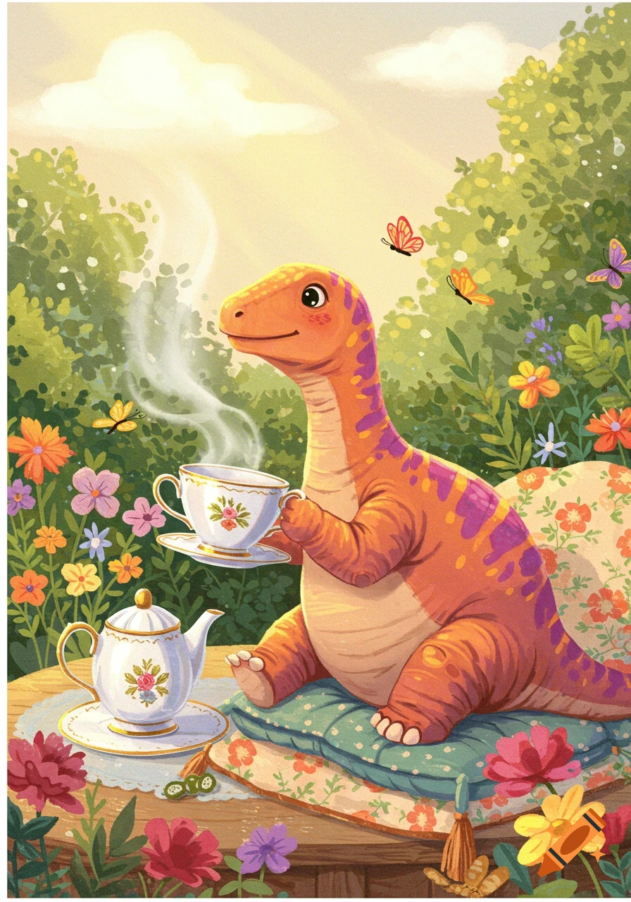 A colorful illustration of a cute, orange dinosaur with purple spots enjoying a tea party in a vibrant garden with flowers and butterflies.