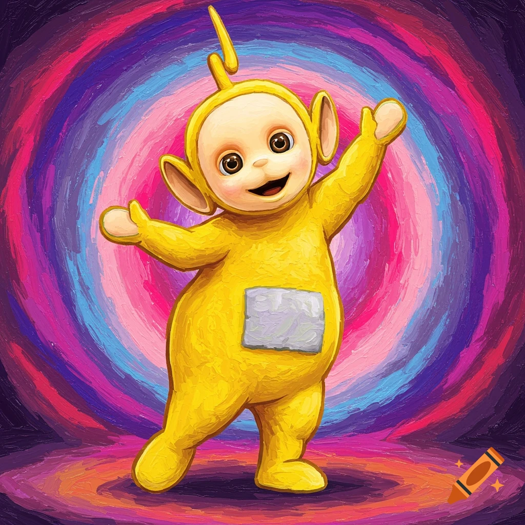 A vibrant painting of a yellow Teletubby (Po) dancing against a swirling, colorful purple, pink, and blue background.