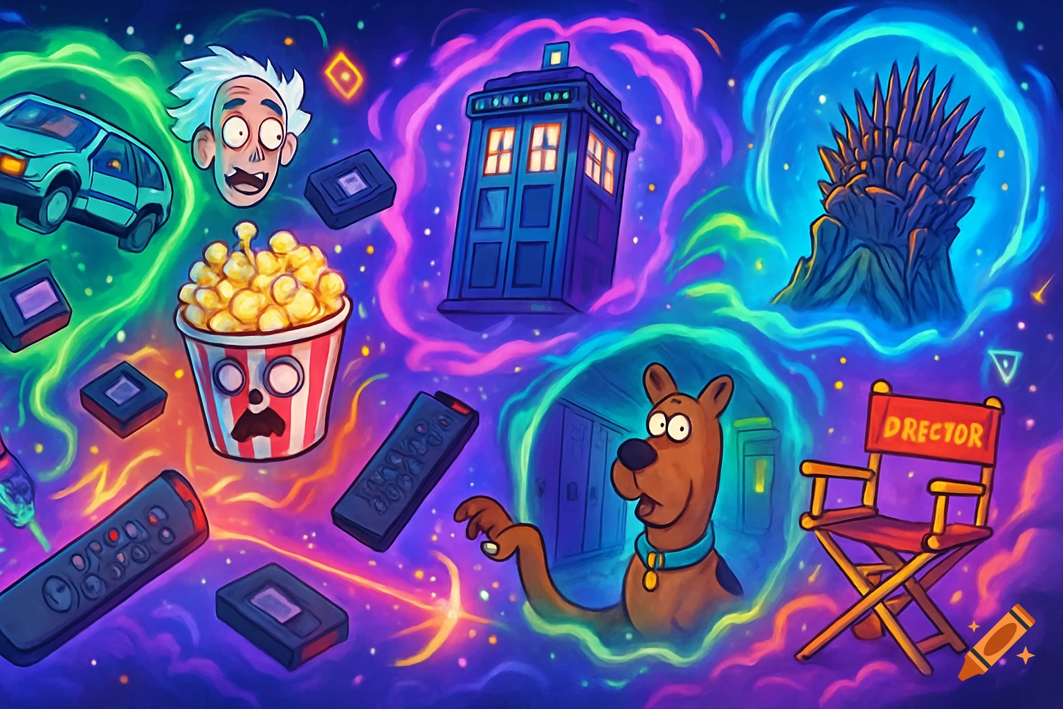 A vibrant, chaotic cartoon illustration featuring pop culture items like Rick's head, Scooby-Doo, TARDIS, Iron Throne, and remotes, floating in a cosmic, colorful space.