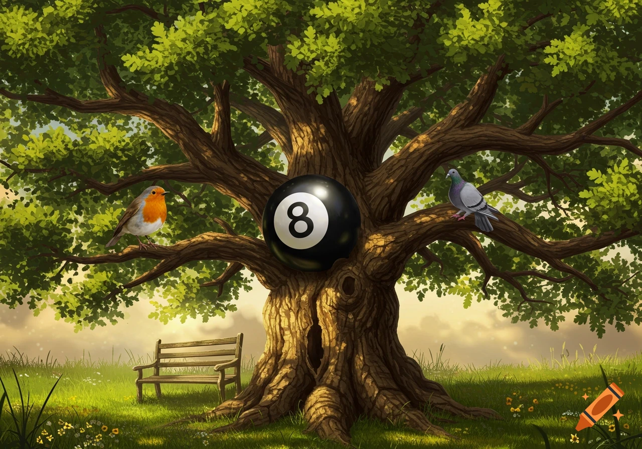 A large tree with an 8-ball in its trunk. A robin is on the left branch, a dove on the right. A bench sits below in a grassy field.