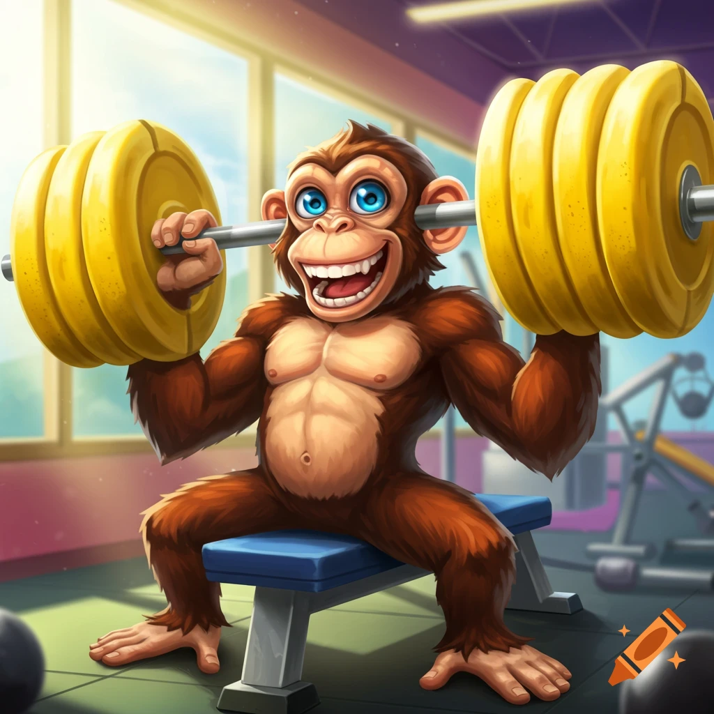 A cartoon monkey with big blue eyes bench-presses a barbell with banana-shaped weights in a sunny gym.