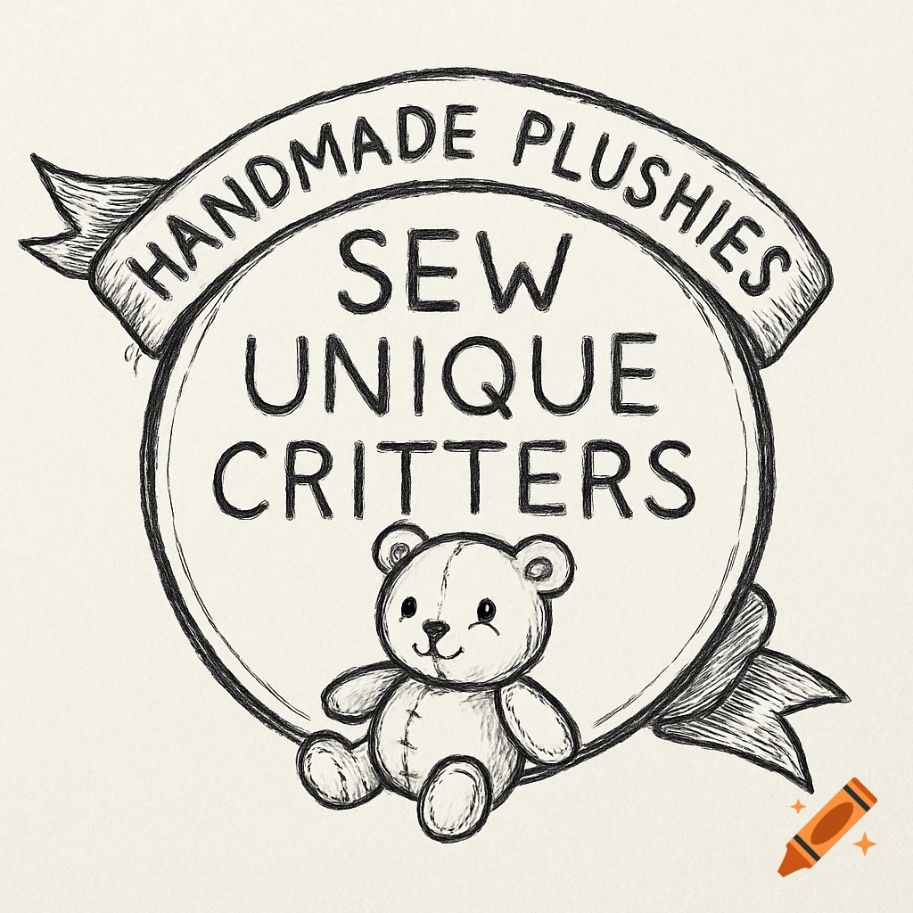 Black and white doodle style logo for 'Sew Unique Critters' and 'Handmade Plushies' featuring a teddy bear.