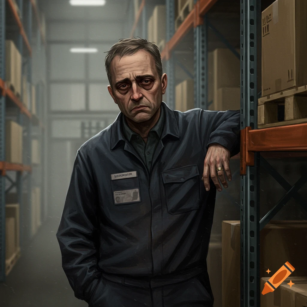 A sad man in a dark blue uniform leans against a shelf in a warehouse, looking tired.
