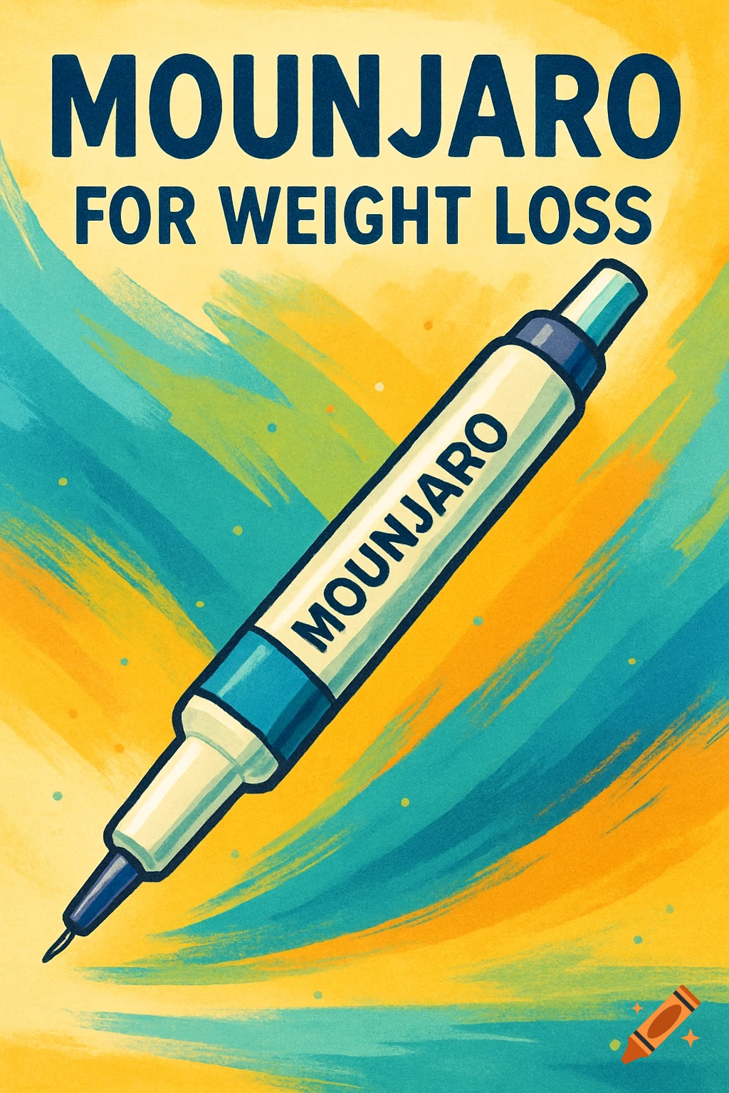 A stylized poster with an injection pen and text 'MOUNJARO FOR WEIGHT LOSS' on a vibrant yellow and blue background.