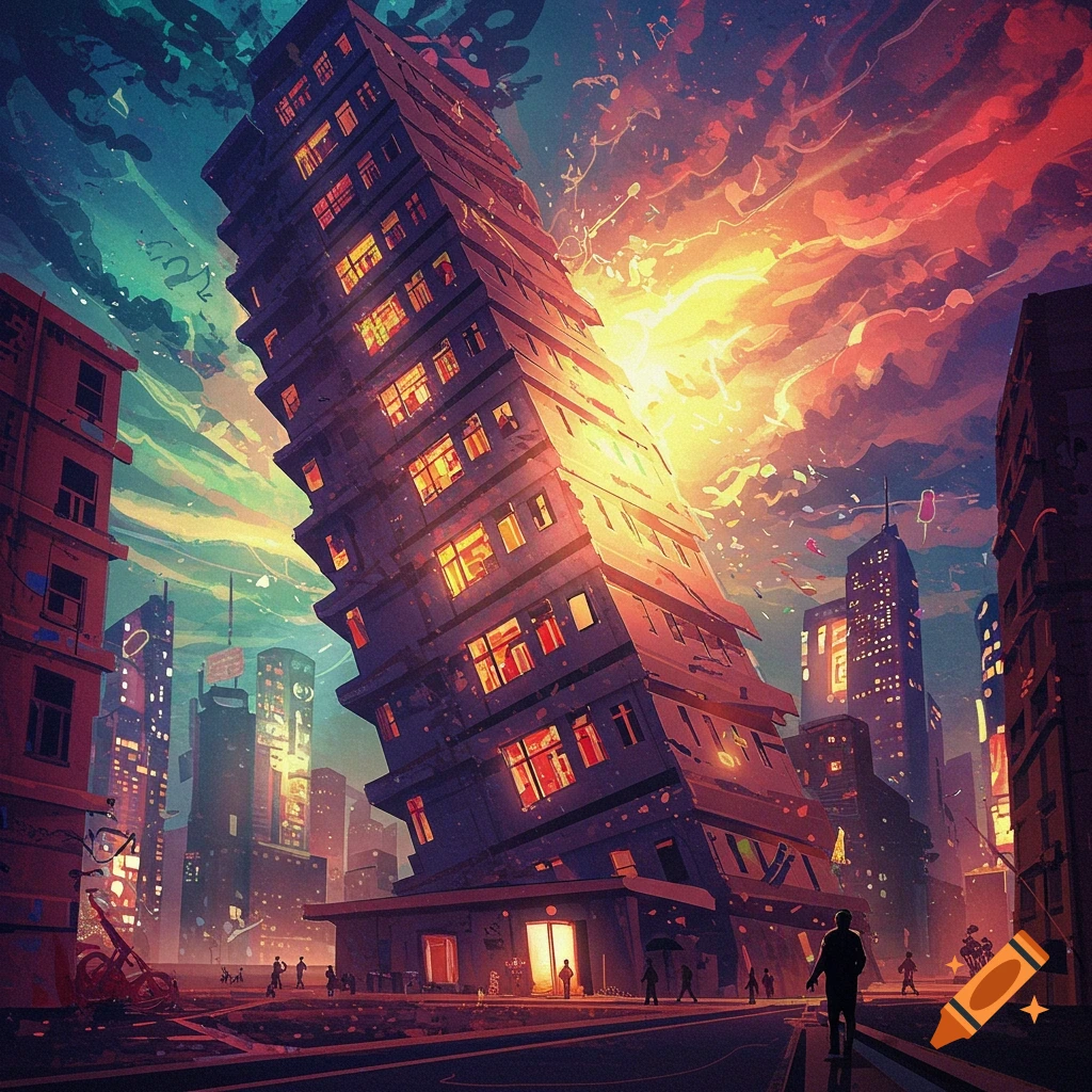 A dramatically tilted skyscraper glowing with lights at sunset in a vibrant, stylized city, with people walking on the streets.
