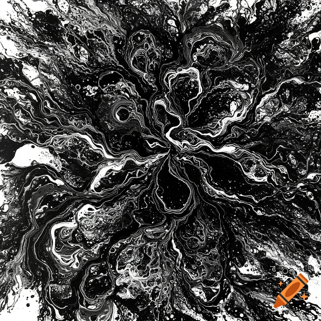 Abstract black and white pattern of swirling ink or paint, creating a chaotic, organic design.