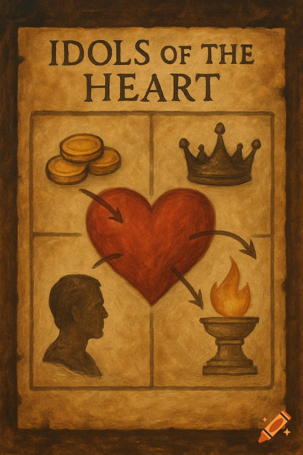A stylized poster titled 'IDOLS OF THE HEART' depicting a red heart surrounded by gold coins, a crown, a man's silhouette, and a burning torch.