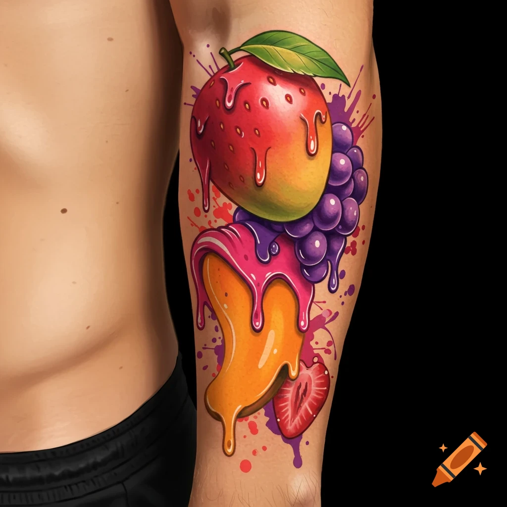 Vibrant tattoo of a melting mango, grapes, and a strawberry on a person's arm, with colorful paint splatters.