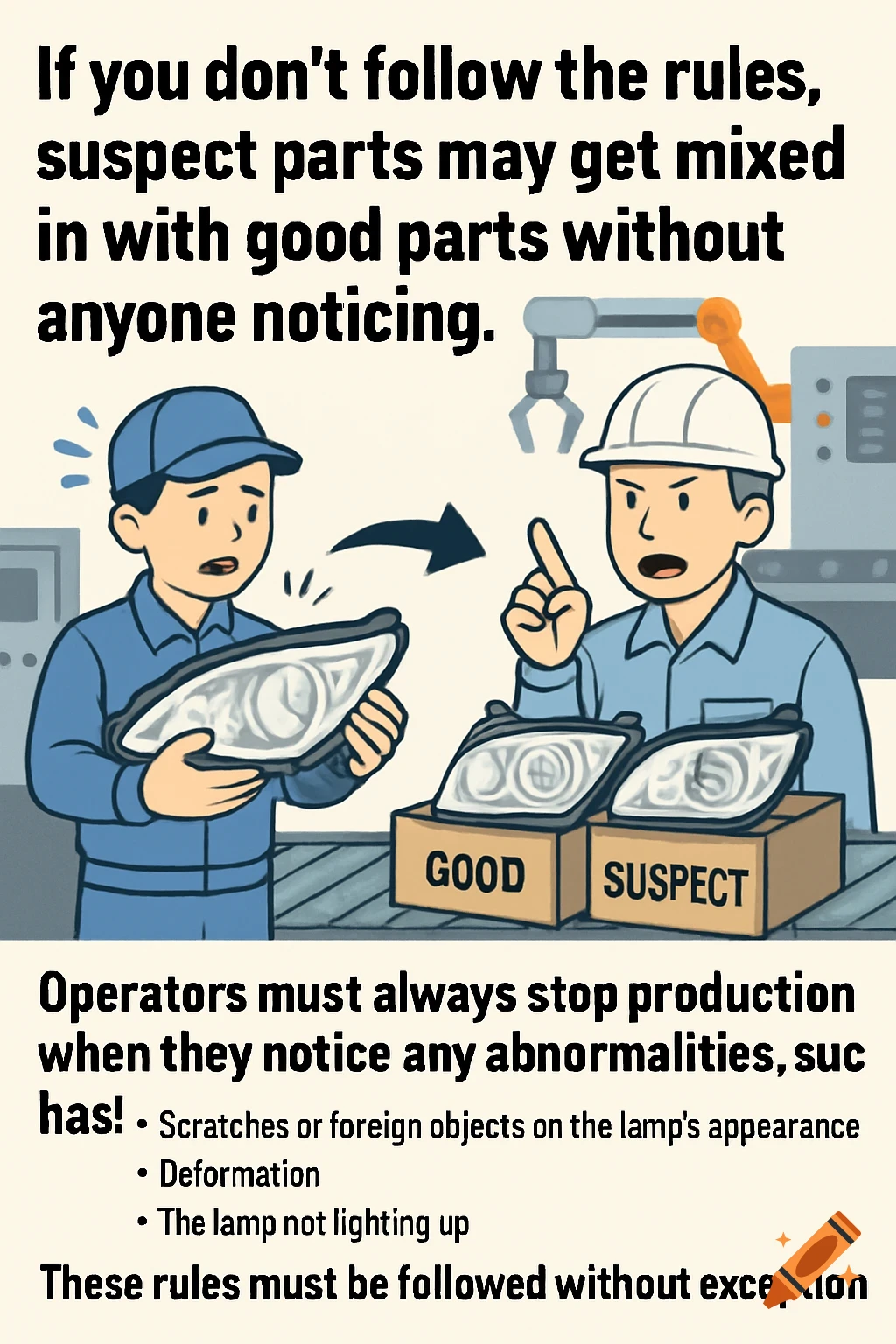 A cartoon illustration showing two factory workers discussing quality control of car headlamps. Text above warns about mixing good and suspect parts if rules aren't followed. Another text section below lists abnormalities.
