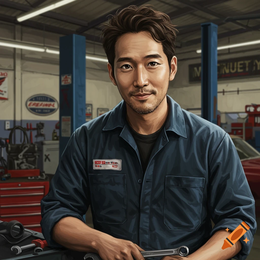 A smiling Asian man with a beard, wearing a blue mechanic's shirt, stands in a garage holding a wrench. Digital art style.