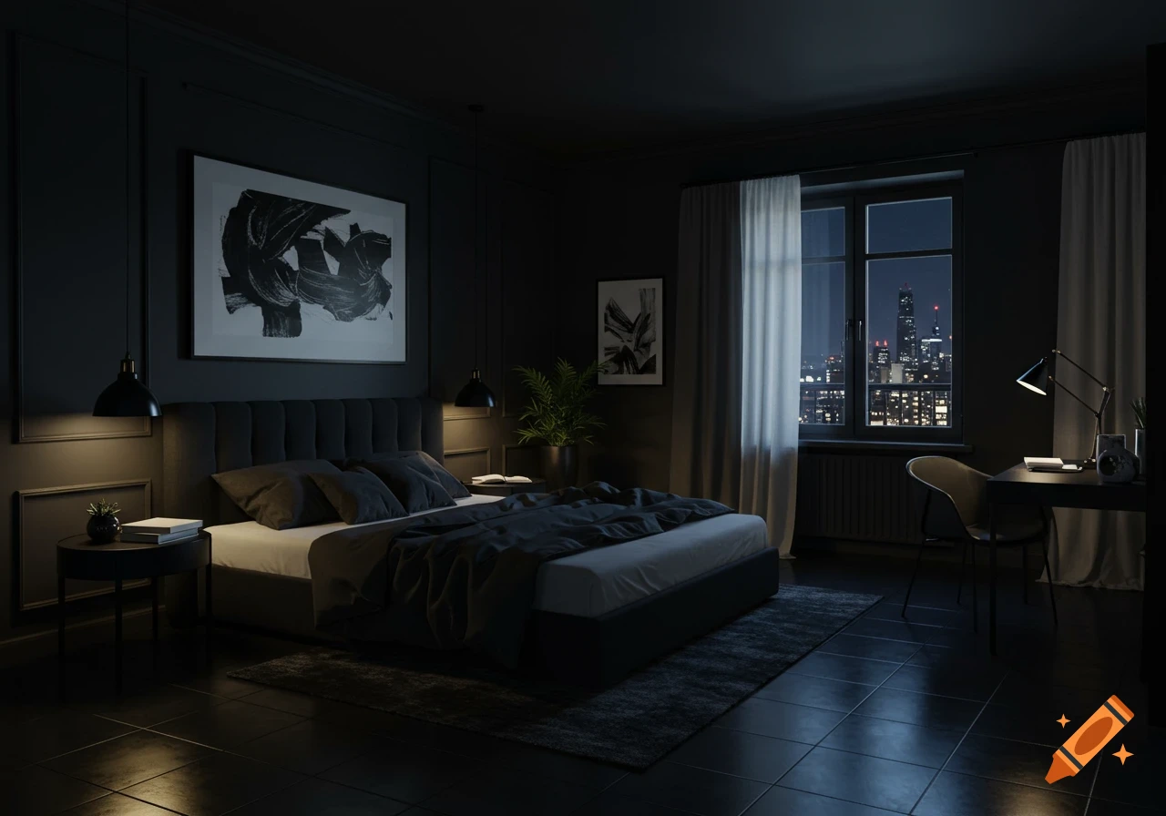 A dark, modern bedroom interior at night with a city skyline visible through the window. The room features a large bed, abstract art, and a desk.