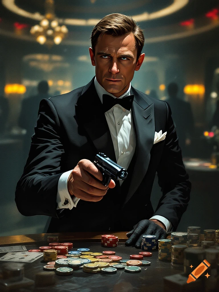 A man resembling James Bond in a tuxedo holds a pistol at a casino table with poker chips.