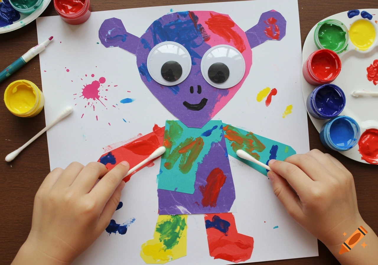 Close-up overhead view of a child's hands using cotton swabs to dab colorful paint onto a paper cut-out alien figure with googly eyes.