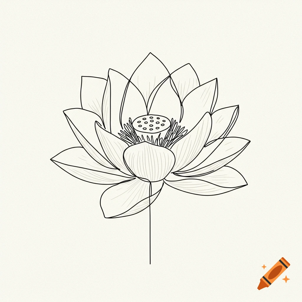 A simple, black-and-white continuous line drawing of a lotus blossom.