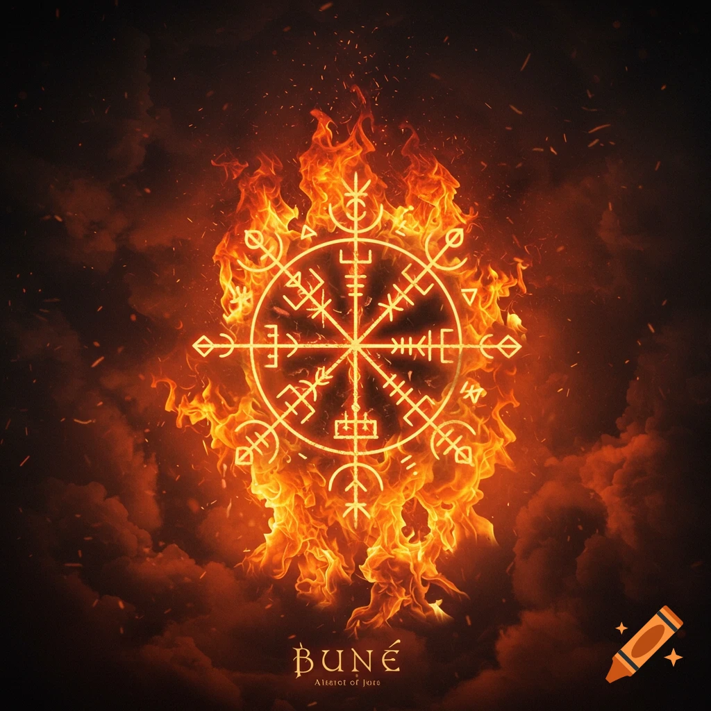 A glowing runic sigil, identified as Bune, surrounded by vibrant orange flames and smoke on a dark background.