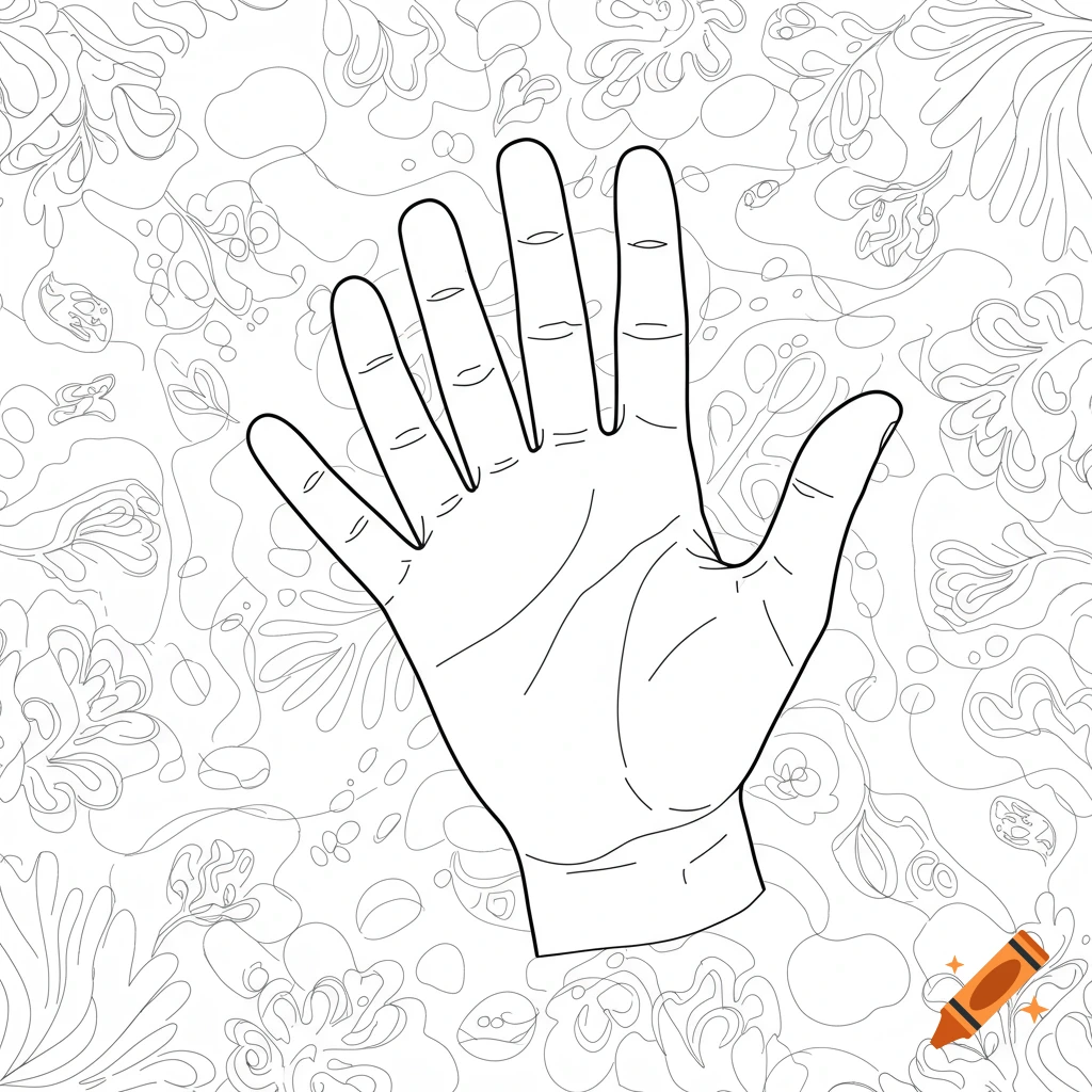 Outline drawing of an open hand against a background of abstract floral and blob outlines, designed as a coloring page.