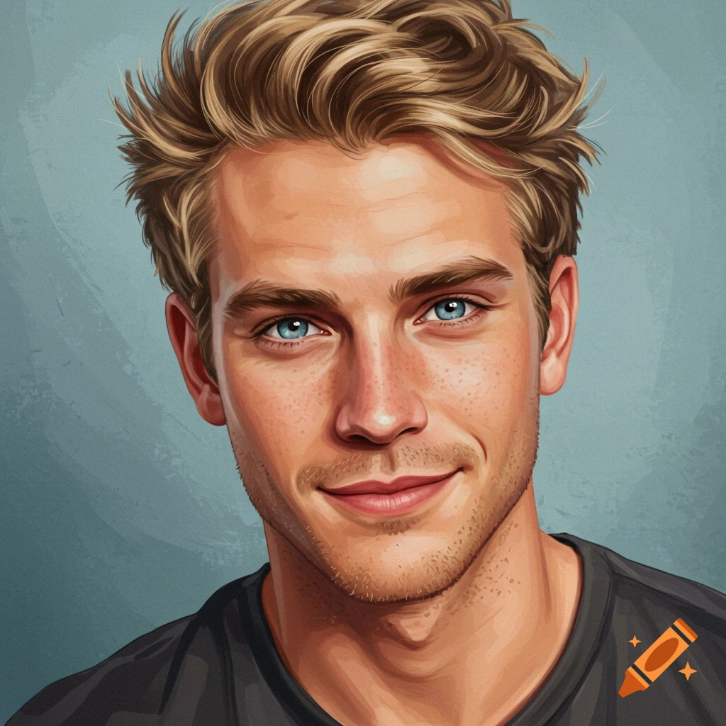 An illustrative portrait of a blonde man with blue eyes and light stubble, smiling slightly.