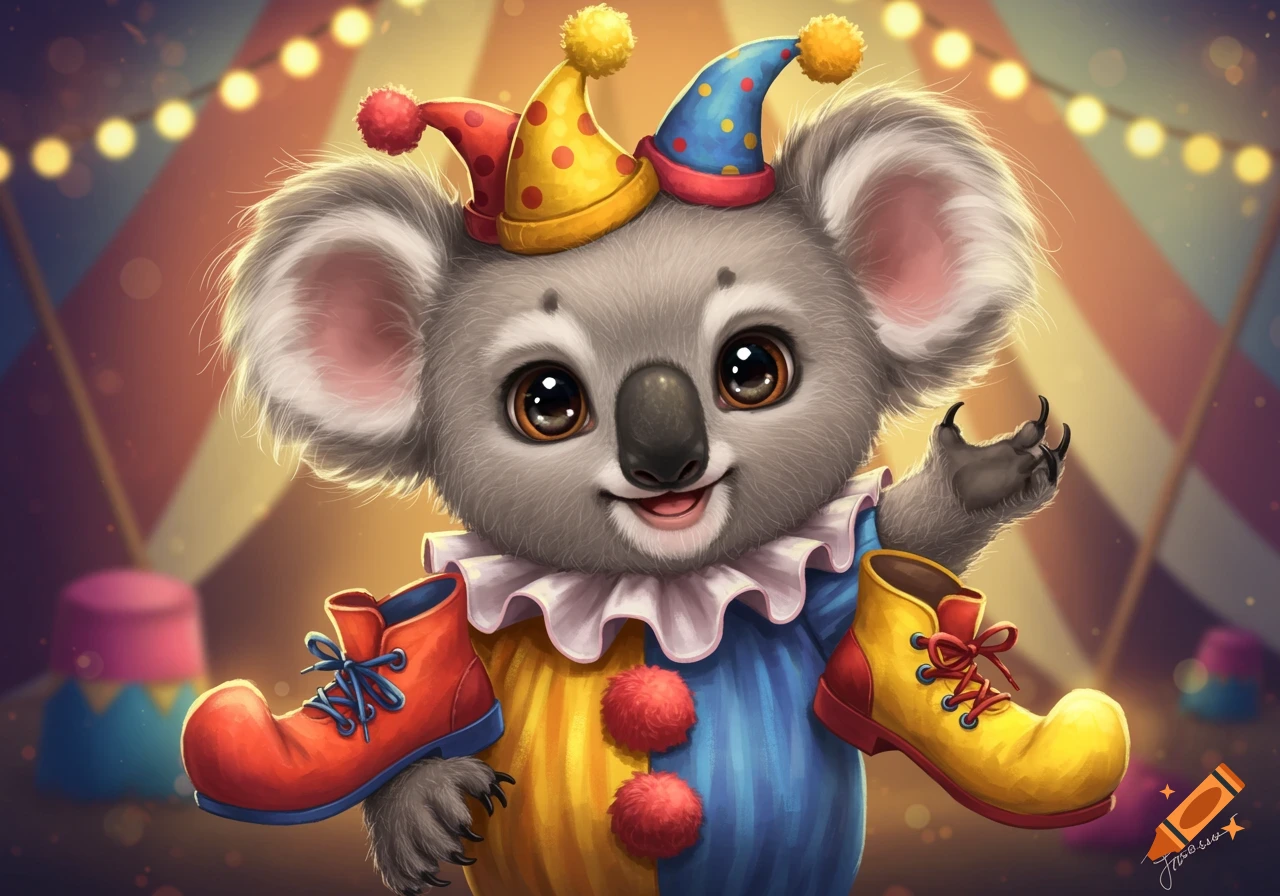A cute baby koala dressed as a clown in a colorful outfit with two pointed hats, holding oversized red and yellow shoes, against a blurred circus tent background.