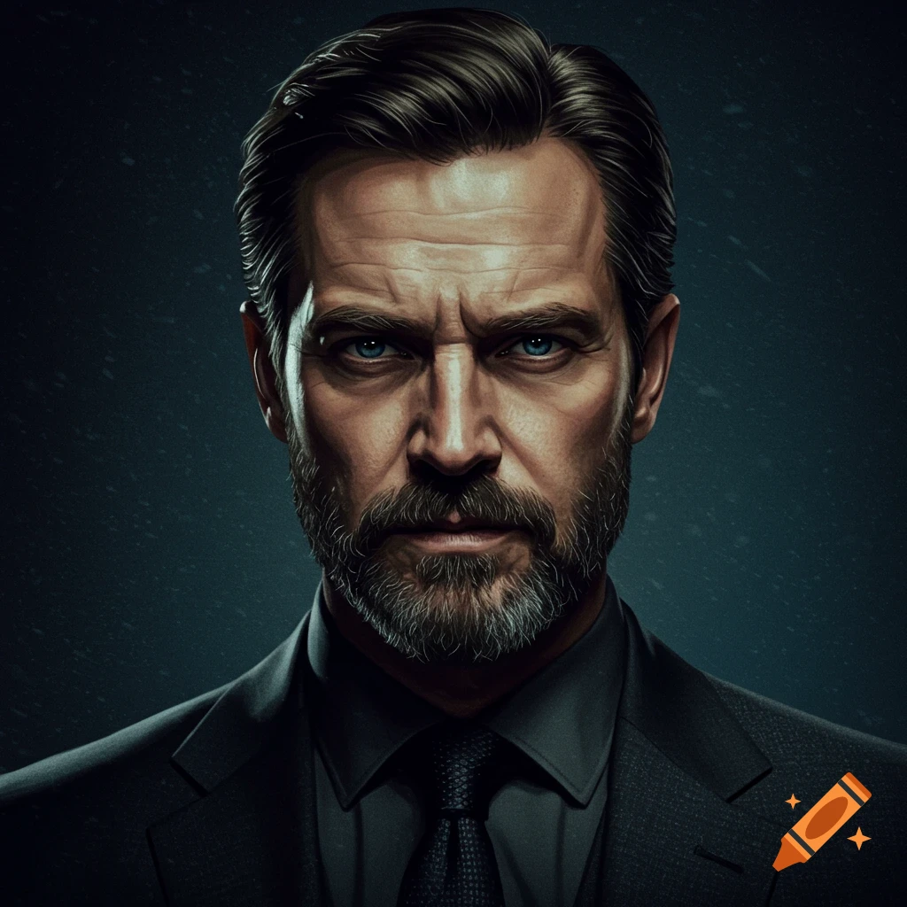 A stern-faced man with a beard and intense blue eyes wears a dark suit, depicted in a detailed digital art style.