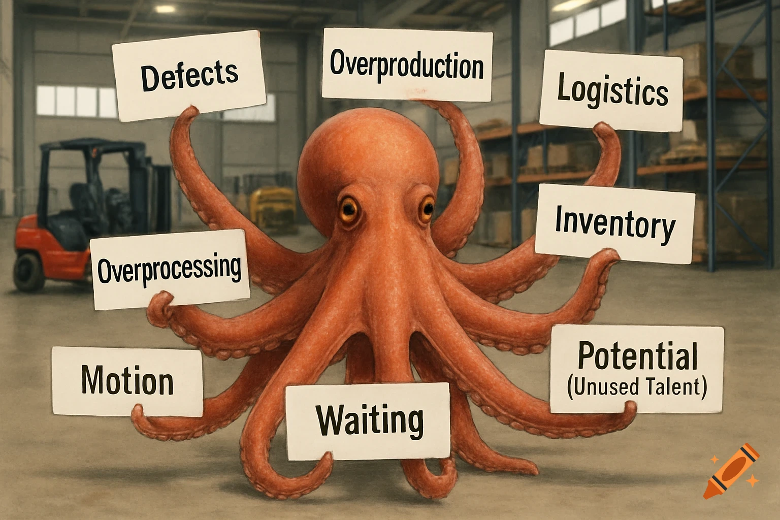 An octopus in a warehouse holds eight signs with words like Defects ...