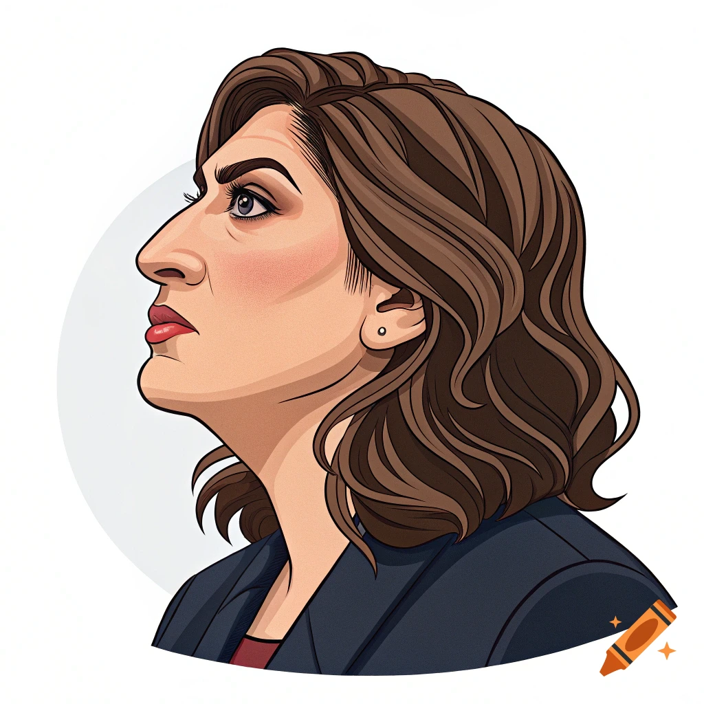 Stylized vector art illustration of a woman's side profile looking up, with brown hair and a dark blue jacket.