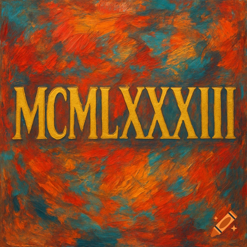 Golden Roman numeral MCMLXXXIII on a vibrant abstract painting with red, orange, and teal brushstrokes.