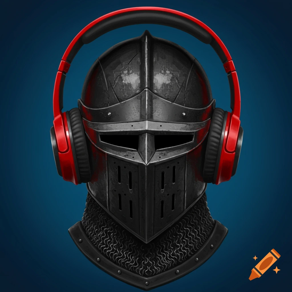 A detailed illustration of a dark knight's helmet wearing bright red headphones, set against a deep blue background.
