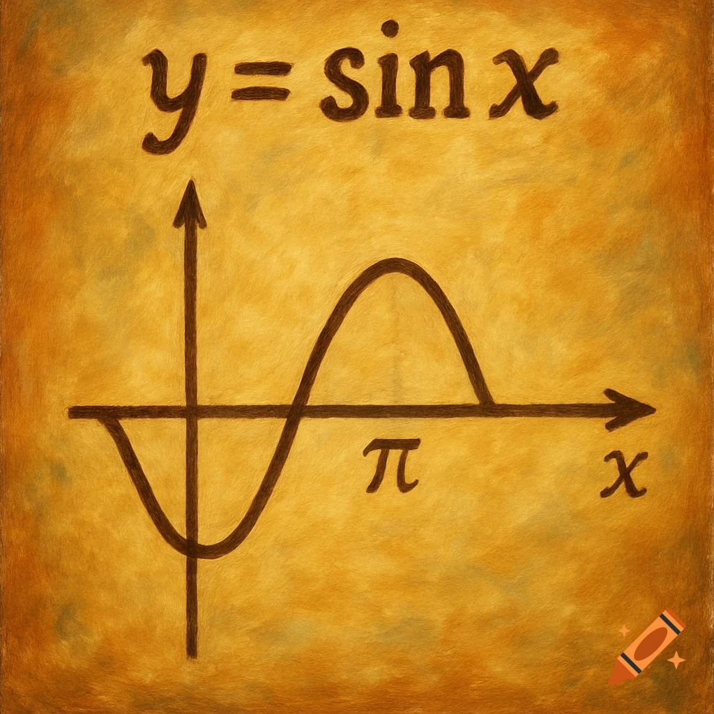 A graph showing a sine wave with the equation y=sin x, labeled axes, and a pi symbol on a textured, parchment-like background.