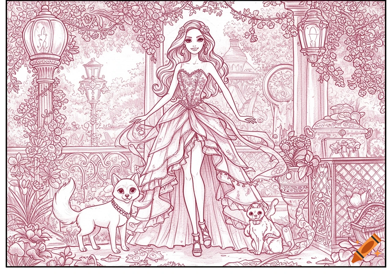 A line-art coloring book page of a Barbie-like doll in an elaborate dress, standing between two cats in a garden setting with lanterns and ornate railings.