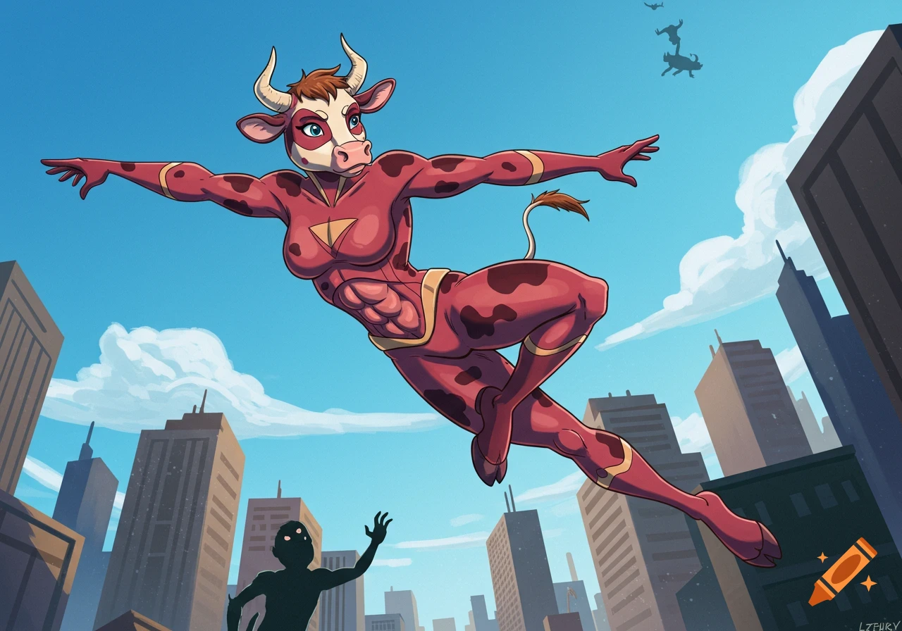 A cartoon cow superhero in a red and gold suit flies with arms outstretched over a city skyline against a blue sky.