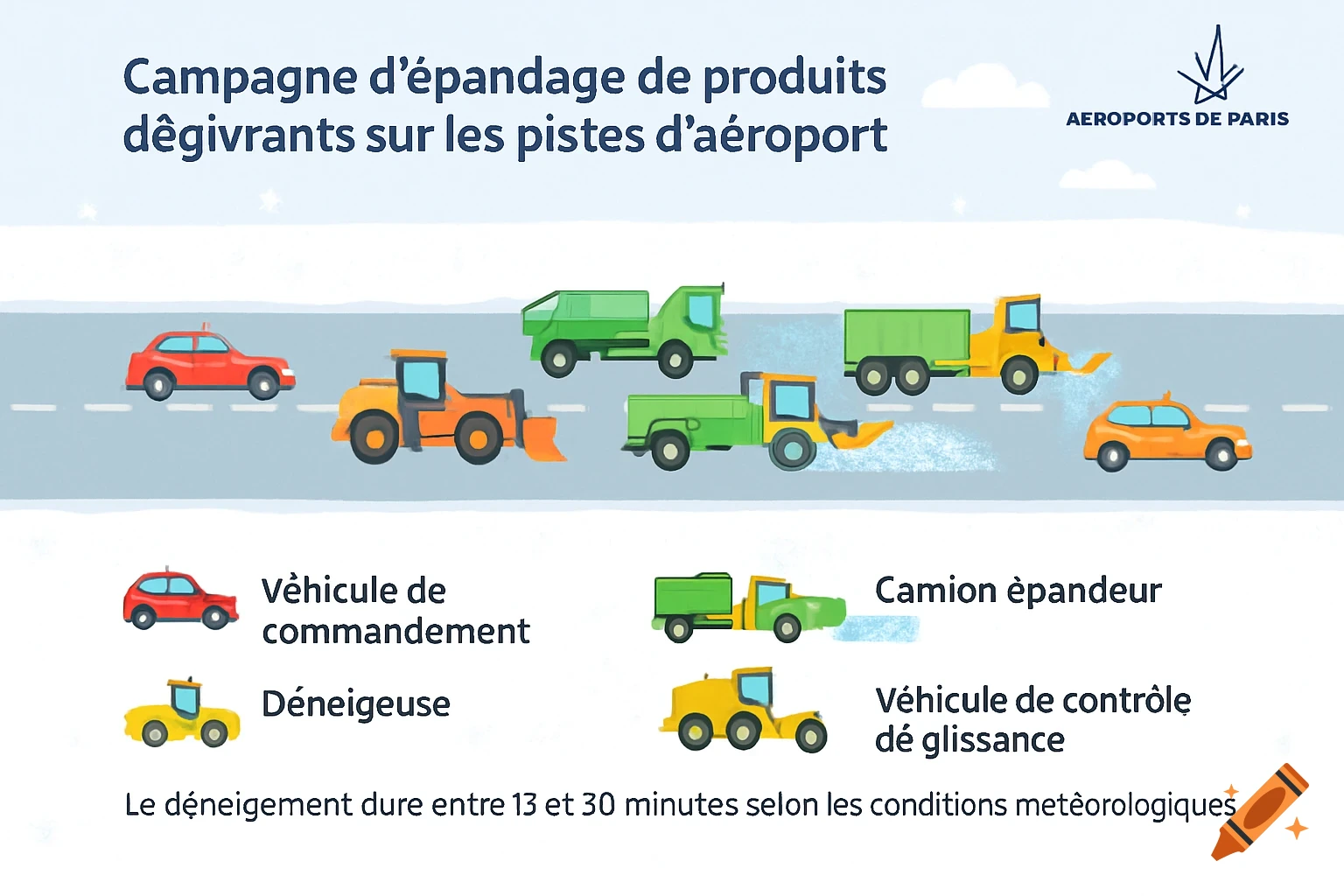 An informational graphic illustrating an airport de-icing campaign with various vehicles like command vehicles, snowplows, and spreaders on a runway.