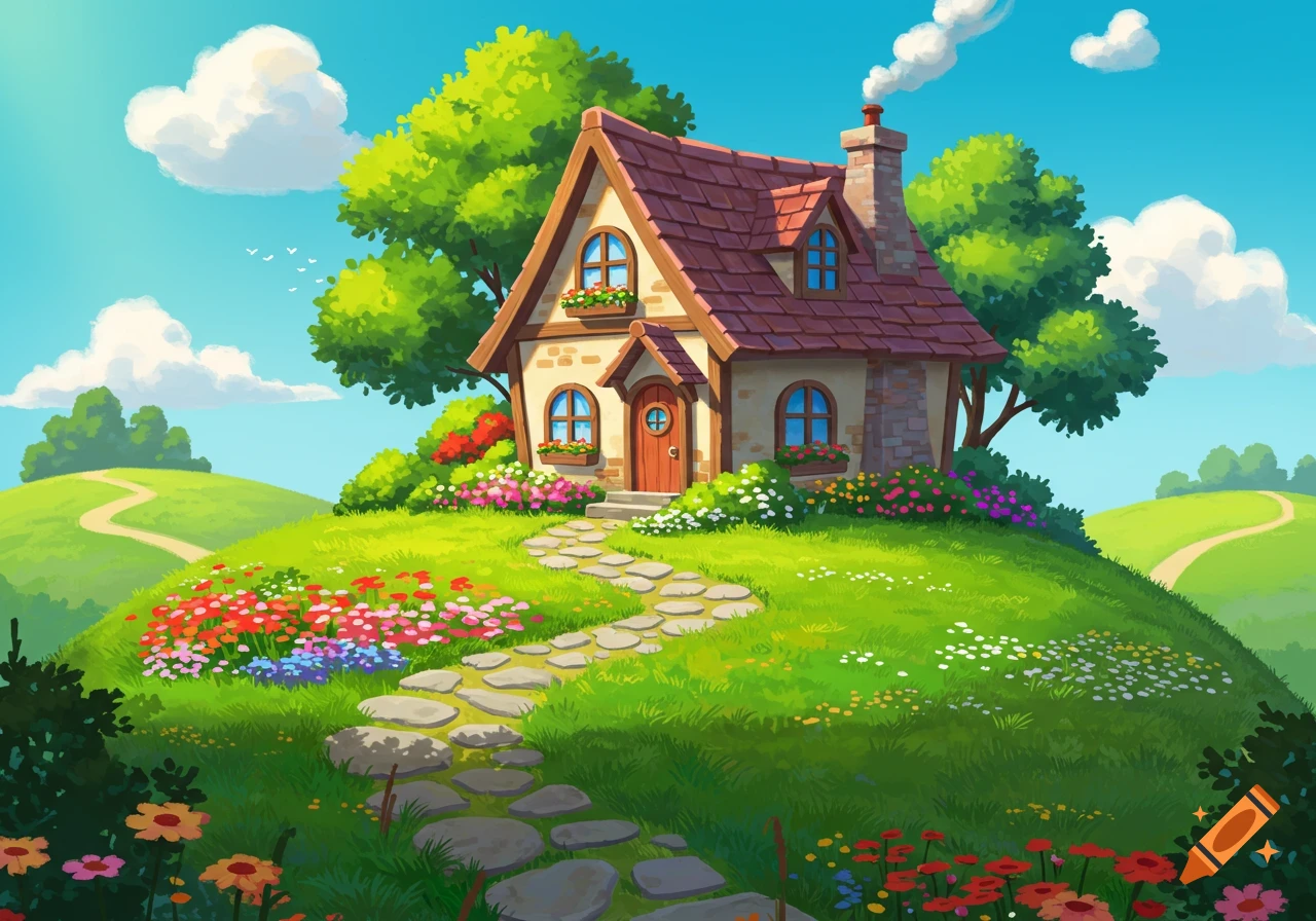 Cartoon illustration of a charming cottage house on a green hill with a vibrant flower garden and stone walkway under a blue sky.
