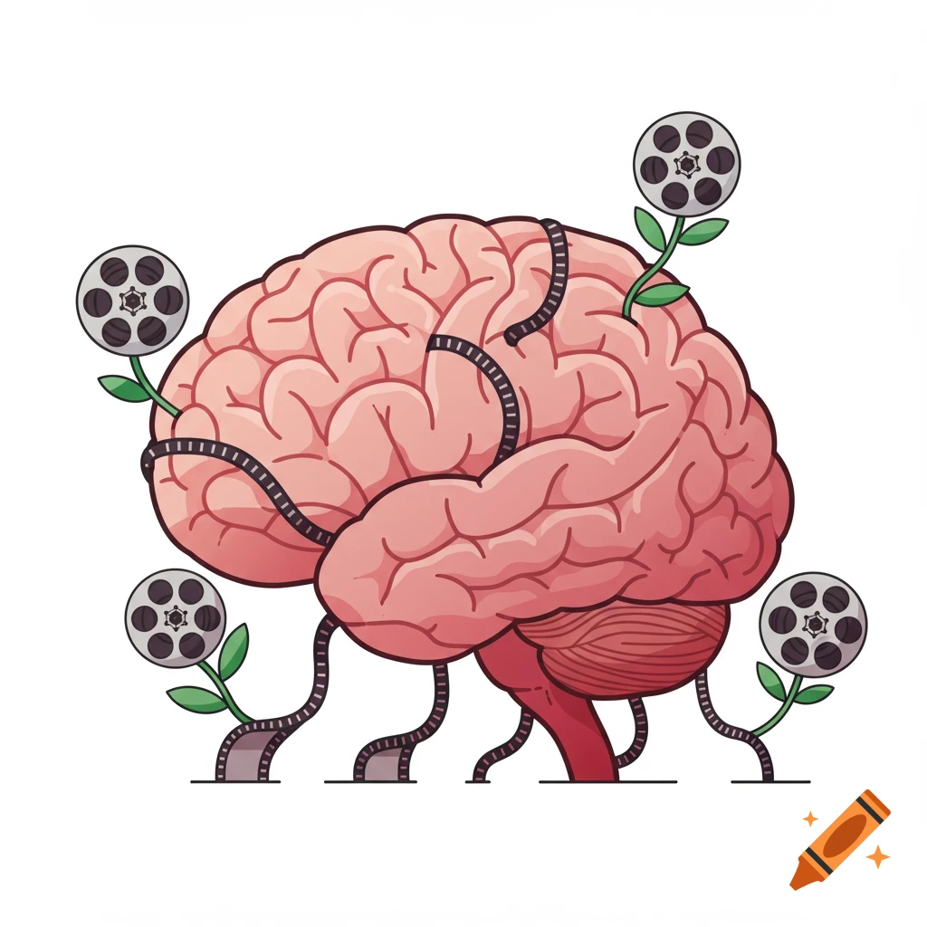 A 2D illustration of a pink brain with film reels growing out of it on green stems.