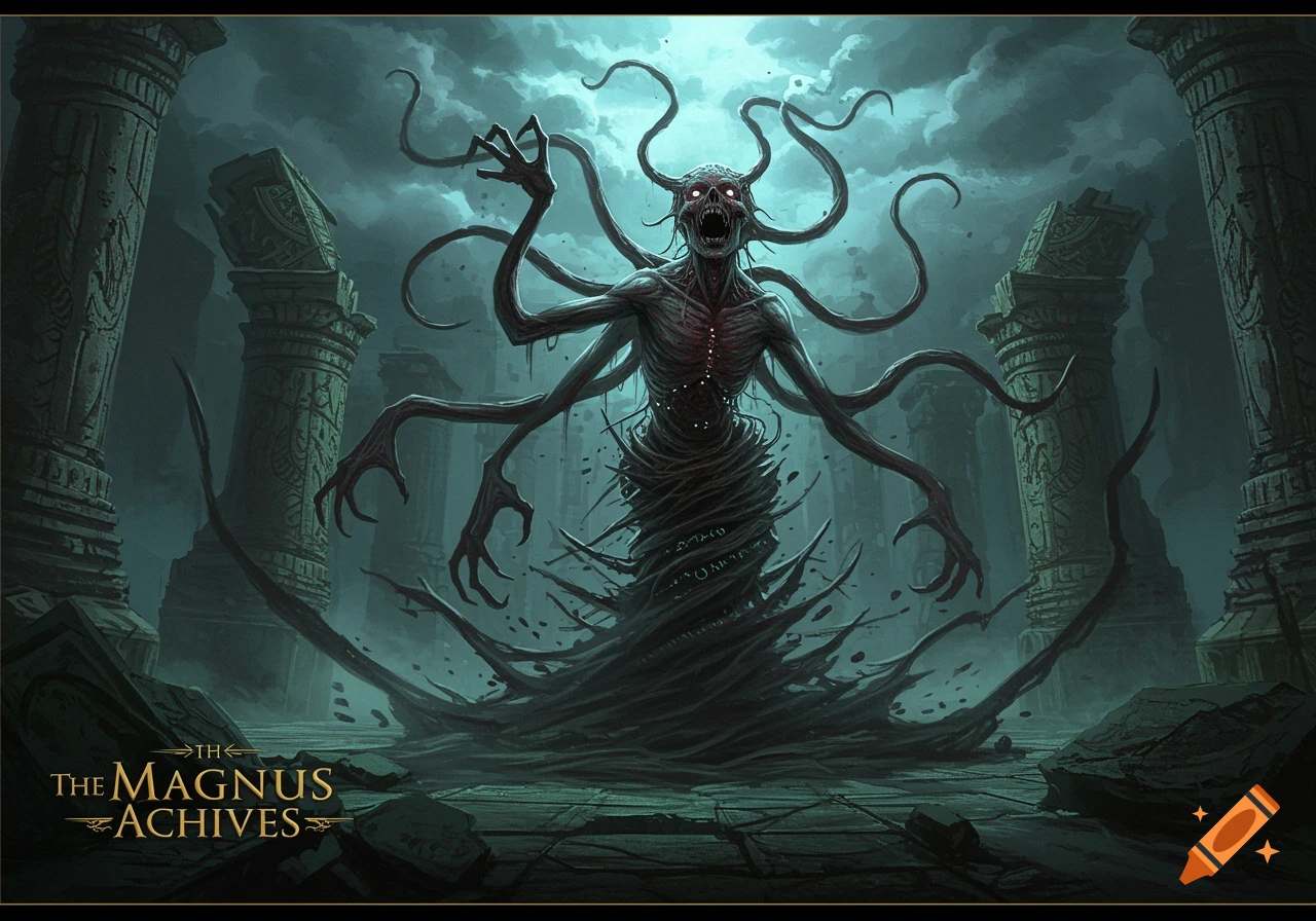 A terrifying, multi-limbed creature with glowing red eyes stands among ancient ruins in a dark, atmospheric fantasy setting.