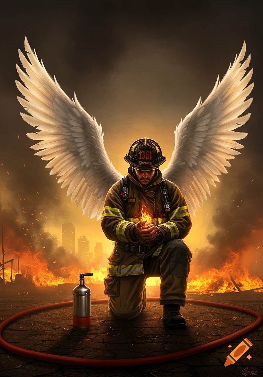 A firefighter with large white angel wings kneels in a fiery, burning landscape, holding a small flame in his hands.