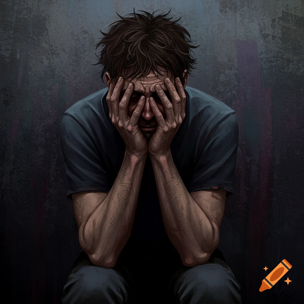 A distressed man with messy hair sits with his face buried in his hands against a dark, textured wall.