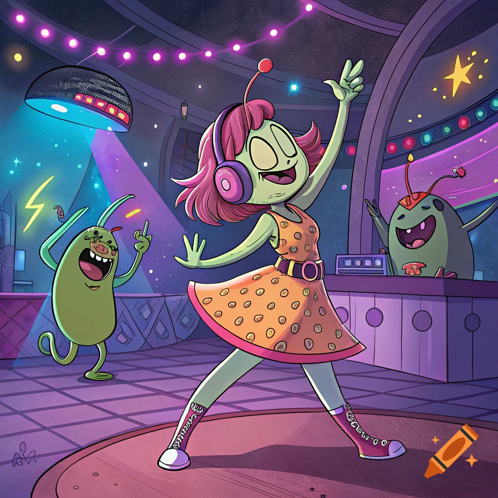 A colorful cartoon of three happy aliens dancing in a vibrant, futuristic disco club with neon lights and a disco ball.