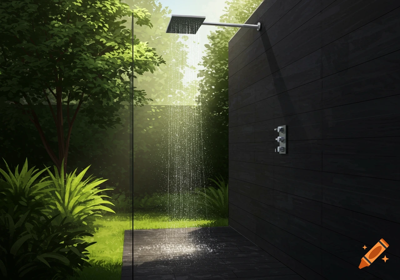 A modern outdoor shower with a black slatted wall, square shower head, and lush green trees and plants in the background, with water cascading onto a dark wooden deck.