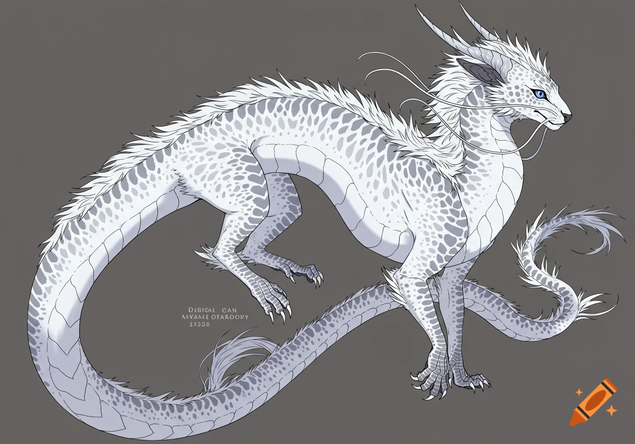 A white and silver patterned dragon with blue eyes and whiskers, shown in a detailed illustration against a plain background.