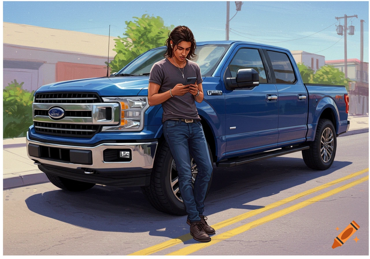 An illustrated man with long hair leans on a blue Ford F-150 pickup truck on a street, looking at his phone.