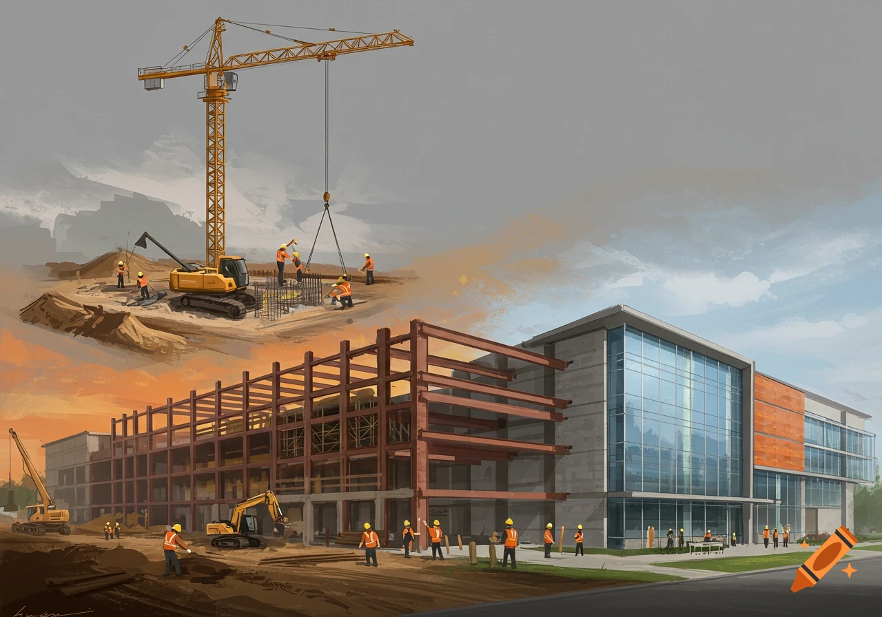 A split image depicting the construction phases of a commercial building, from foundation work to a completed modern structure.