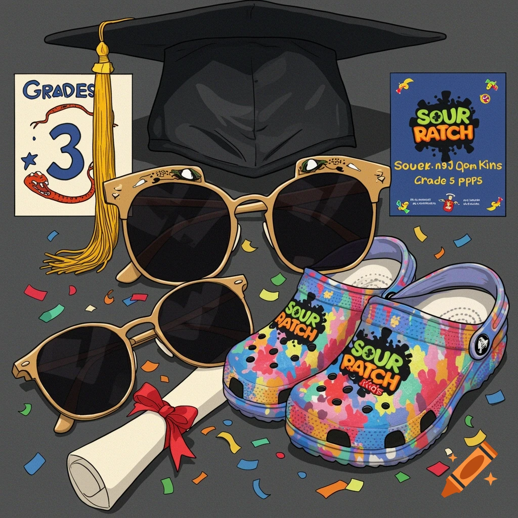 A cartoon illustration of a graduation cap with a golden tassel, two pairs of sunglasses, a rolled-up diploma, and a pair of colorful Crocs, surrounded by confetti. There's a paper with "GRADES 3" and a blue sign with "SOUR RATCH" and other text.