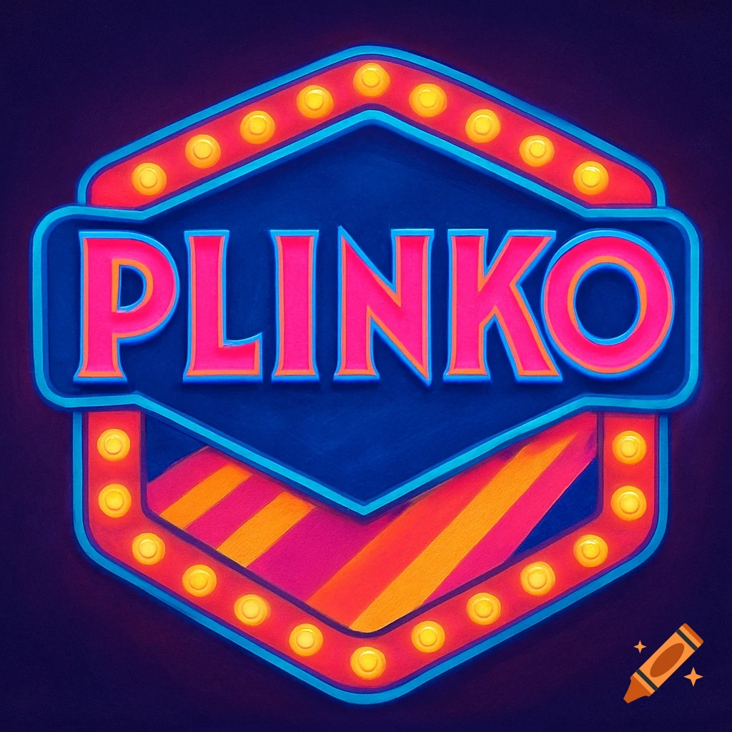 A vibrant 80s-style neon sign featuring the word 'PLINKO' in pink letters with a blue outline, surrounded by bright yellow lights on a dark background.