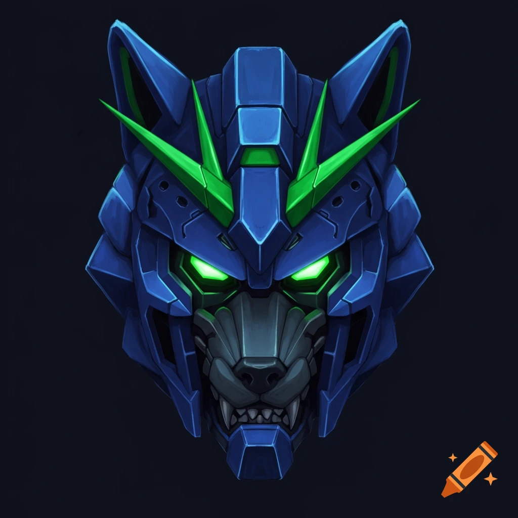 Stylized blue and green robotic wolf head with glowing eyes, blending Gundam mecha aesthetics in digital art style.